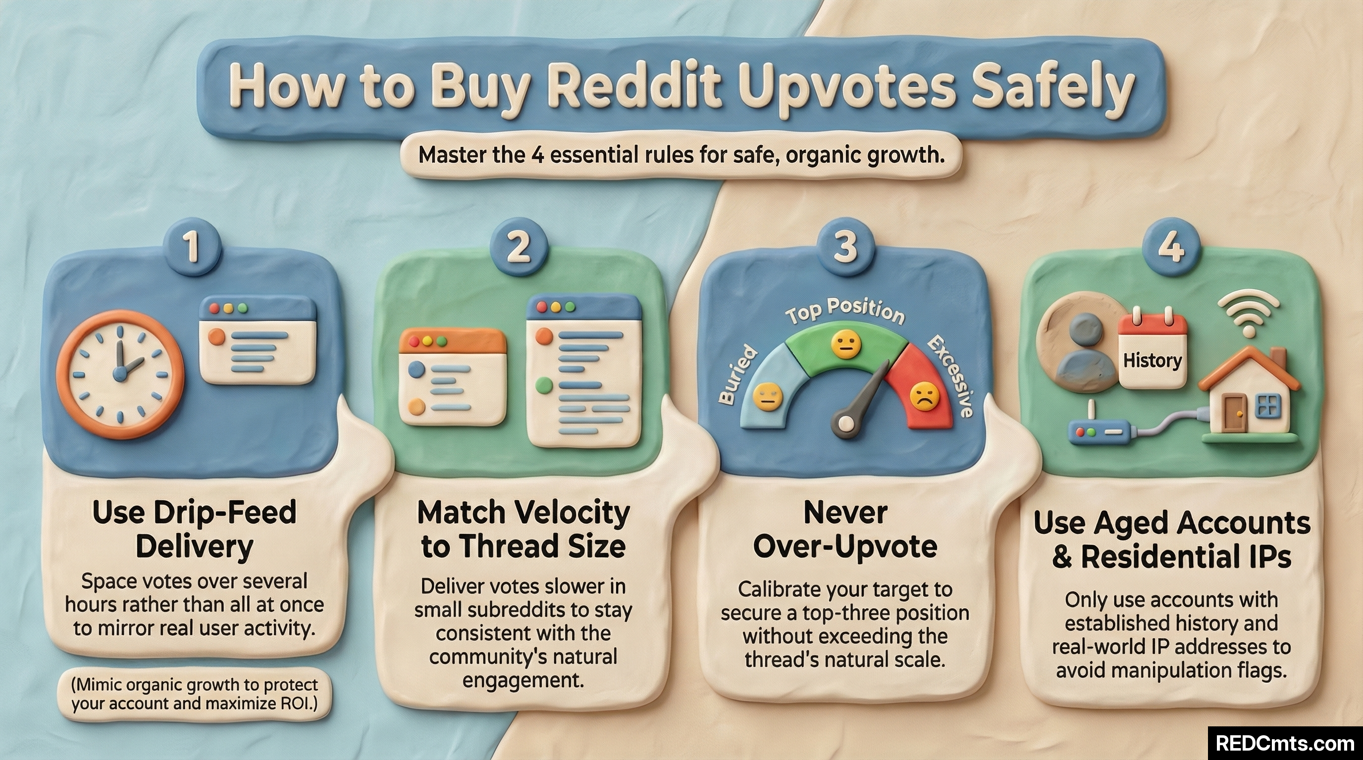 Infographic titled 'How to Buy Reddit Upvotes Safely' showing 4 essential rules — 1: Use drip-feed delivery over hours, 2: Match velocity to thread size, 3: Never over-upvote beyond thread scale, 4: Use aged accounts with residential IPs