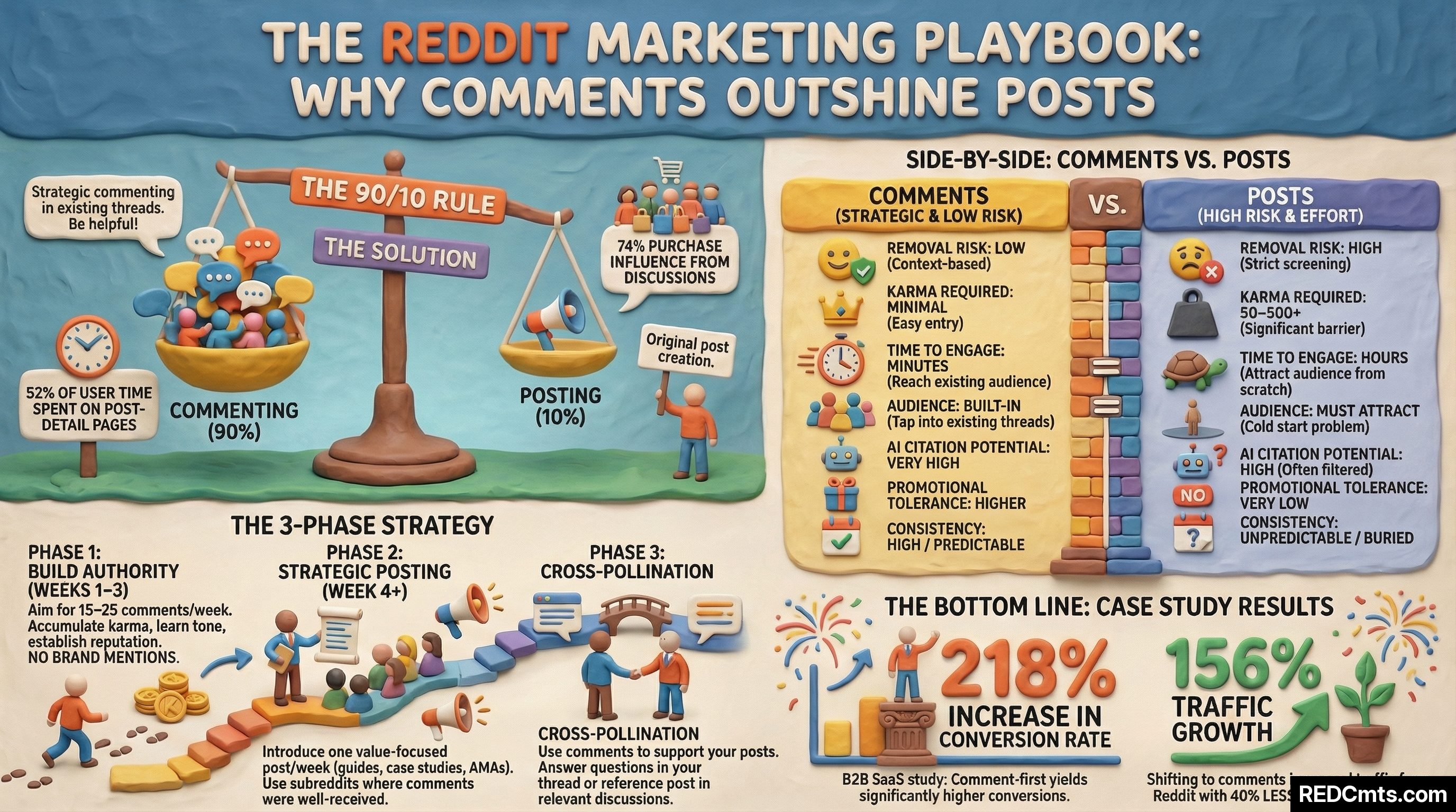 Infographic titled 'The Reddit Marketing Playbook: Why Comments Outshine Posts' showing the 90/10 rule, side-by-side comparison of comments vs posts across 9 factors, the 3-phase strategy (build authority, strategic posting, cross-pollination), and case study results showing 218% increase in conversion rate