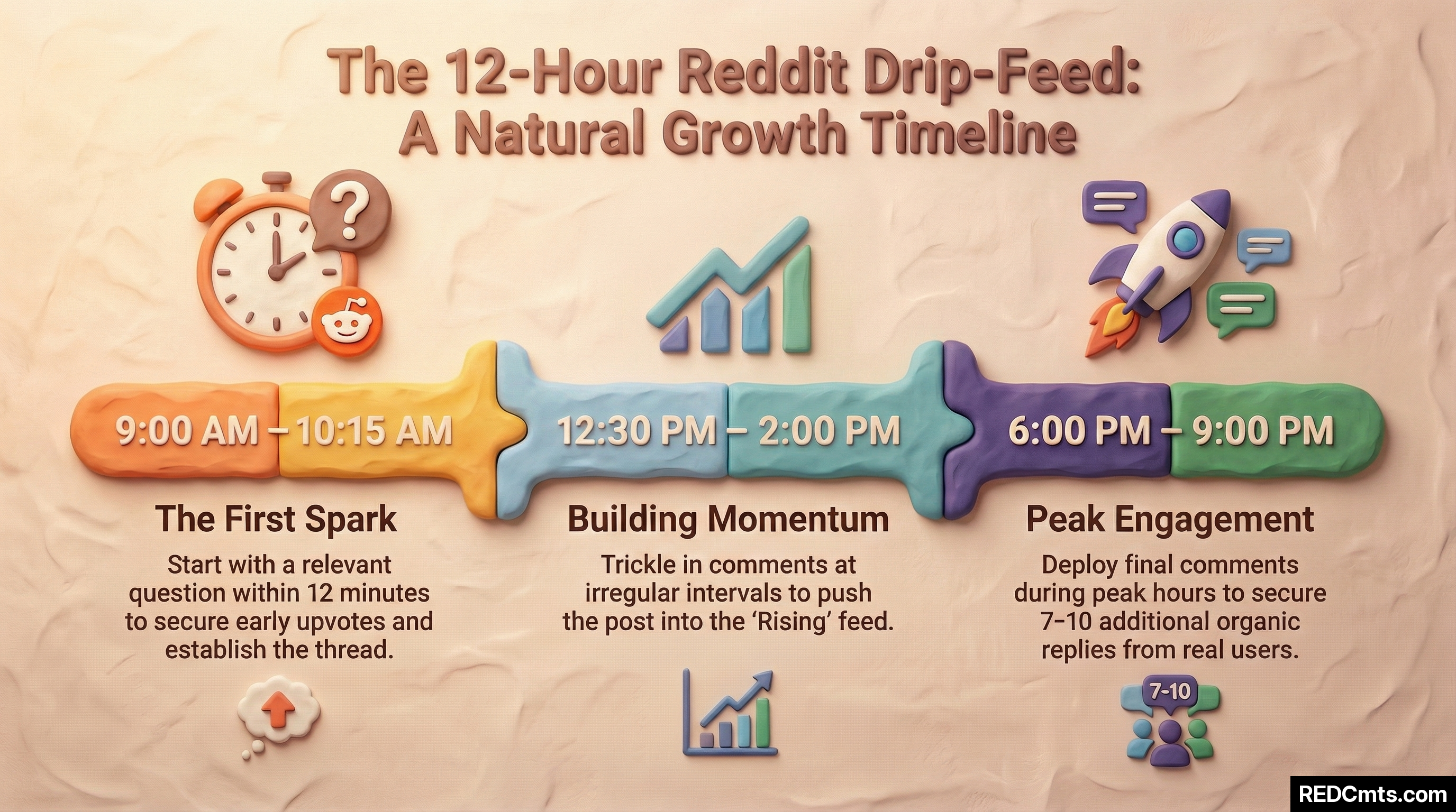 Infographic showing a 12-hour Reddit drip-feed timeline in three phases: The First Spark (9:00-10:15 AM) with early comments and upvotes, Building Momentum (12:30-2:00 PM) with irregular comment intervals pushing the post to Rising, and Peak Engagement (6:00-9:00 PM) deploying final comments during peak hours to generate 7-10 organic replies.
