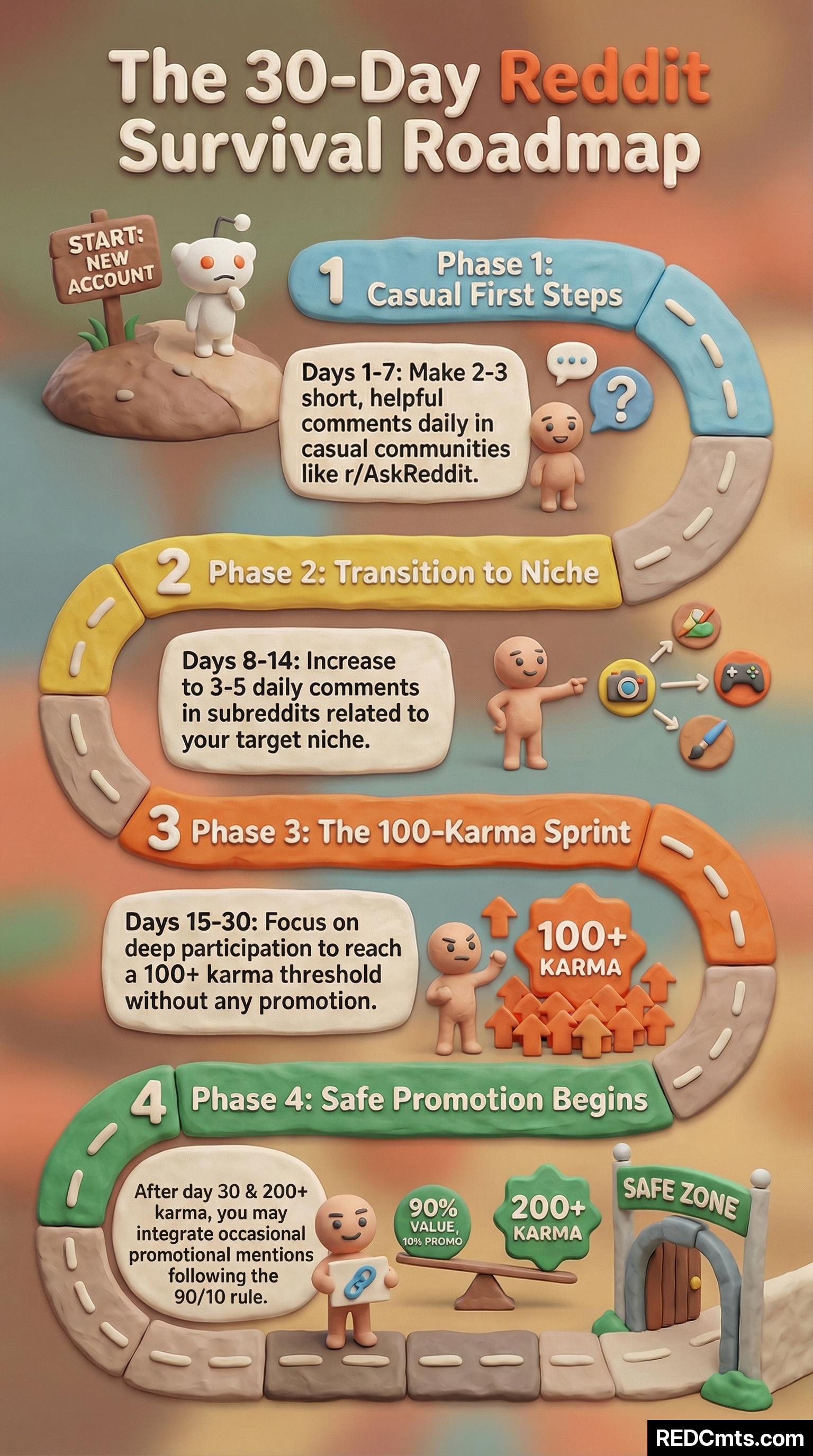 Infographic showing a 4-phase Reddit account warm-up timeline: Phase 1 (days 1-7) with 2-3 casual comments per day, Phase 2 (days 8-14) with 3-5 comments in niche subreddits, Phase 3 (days 15-30) targeting 100+ karma with no promotion, and Phase 4 (day 30+) allowing careful promotional mentions after reaching 200+ karma.