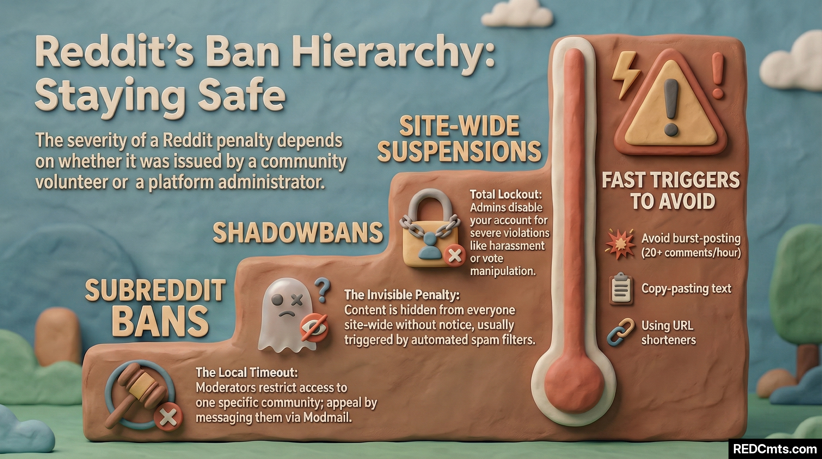 Infographic showing Reddit's five ban types ranked by severity: temporary subreddit ban (lowest), permanent subreddit ban, shadowban, temporary site-wide suspension, and permanent site-wide suspension (highest). Each level shows triggers, detection methods, and recovery options.