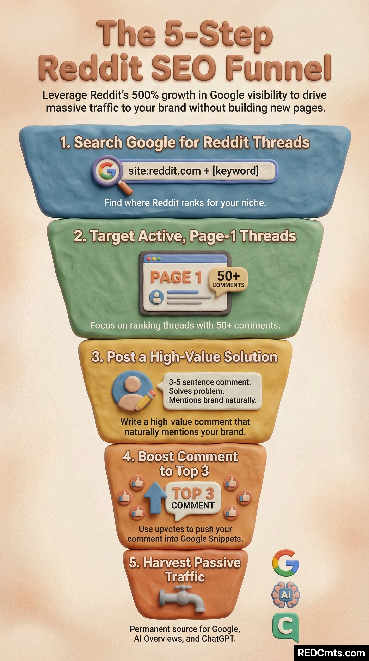 Infographic titled 'The 5-Step Reddit SEO Funnel' showing the process: 1) Search Google for Reddit threads, 2) Target active page-1 threads with 50+ comments, 3) Post a high-value comment mentioning your brand, 4) Boost comment to top 3 with upvotes, 5) Harvest passive traffic from Google, AI Overviews, and ChatGPT