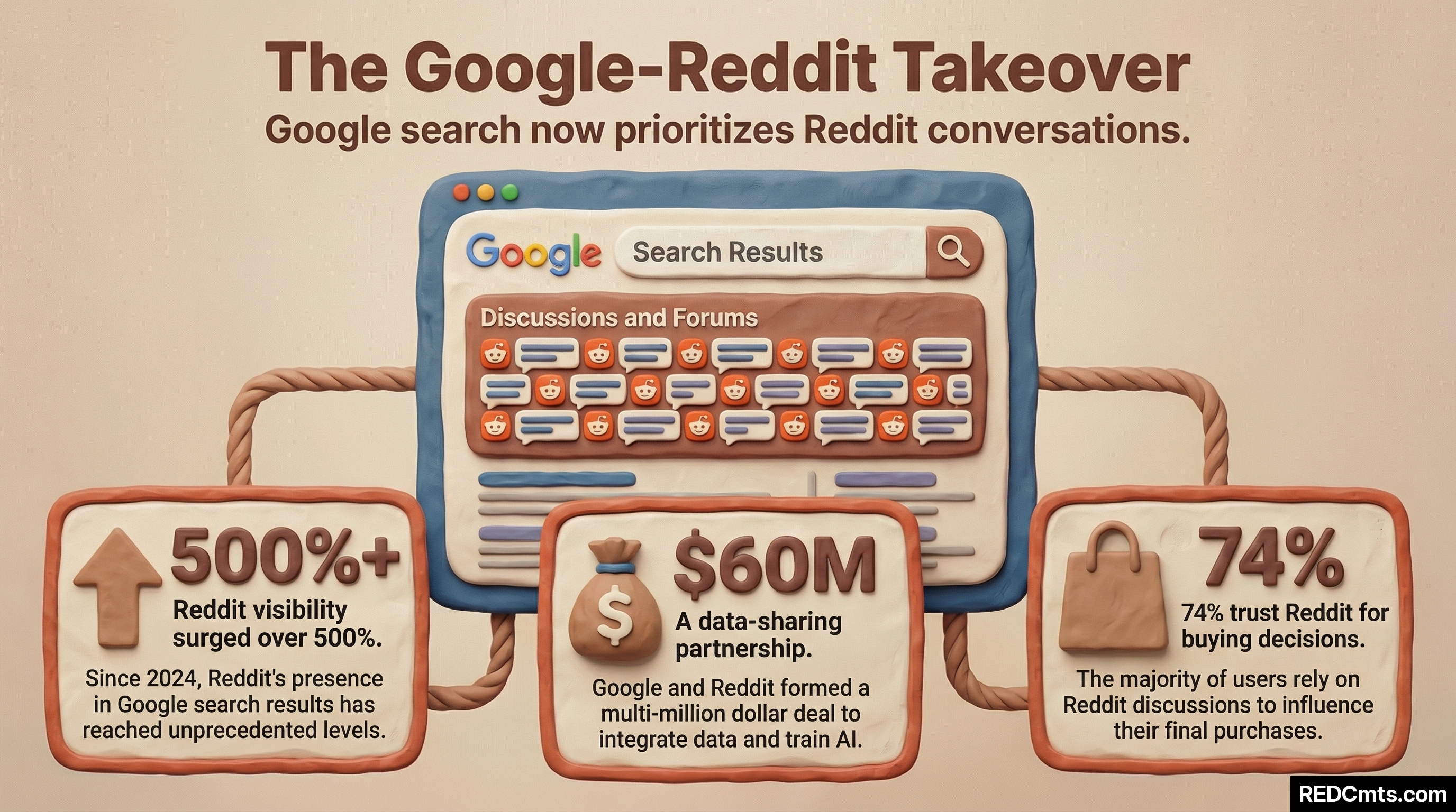 Infographic titled 'The Google-Reddit Takeover' showing Google search results with Discussions and Forums section, plus three key stats: 500%+ increase in Reddit visibility, $60M Google-Reddit data partnership, and 74% of users trust Reddit for purchase decisions