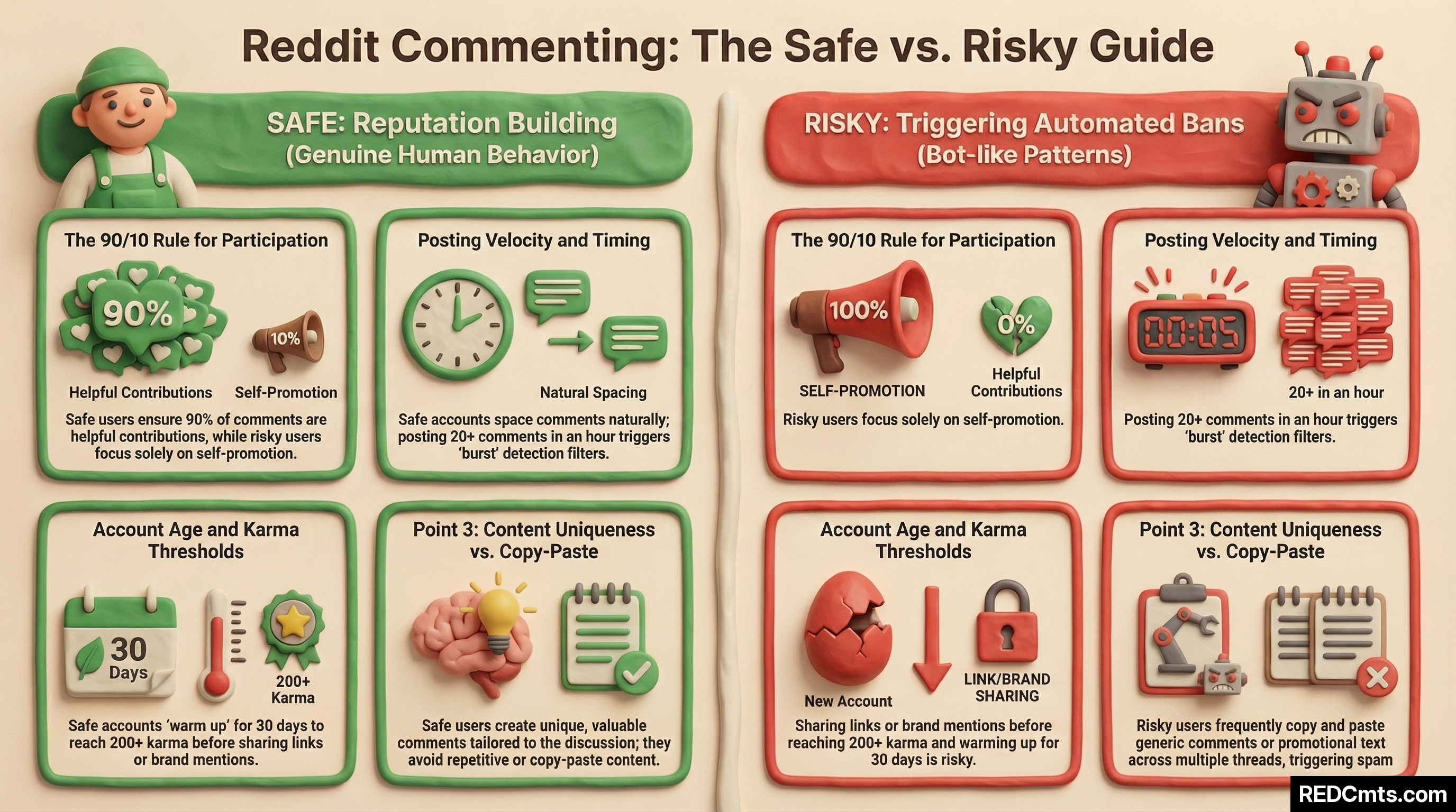 Infographic comparing safe versus risky Reddit commenting behaviors across five categories: posting frequency, comment uniqueness, self-promotion timing, activity patterns, and link usage. Safe behaviors include 3-5 varied comments per day while risky behaviors include rapid burst posting and copy-pasting.