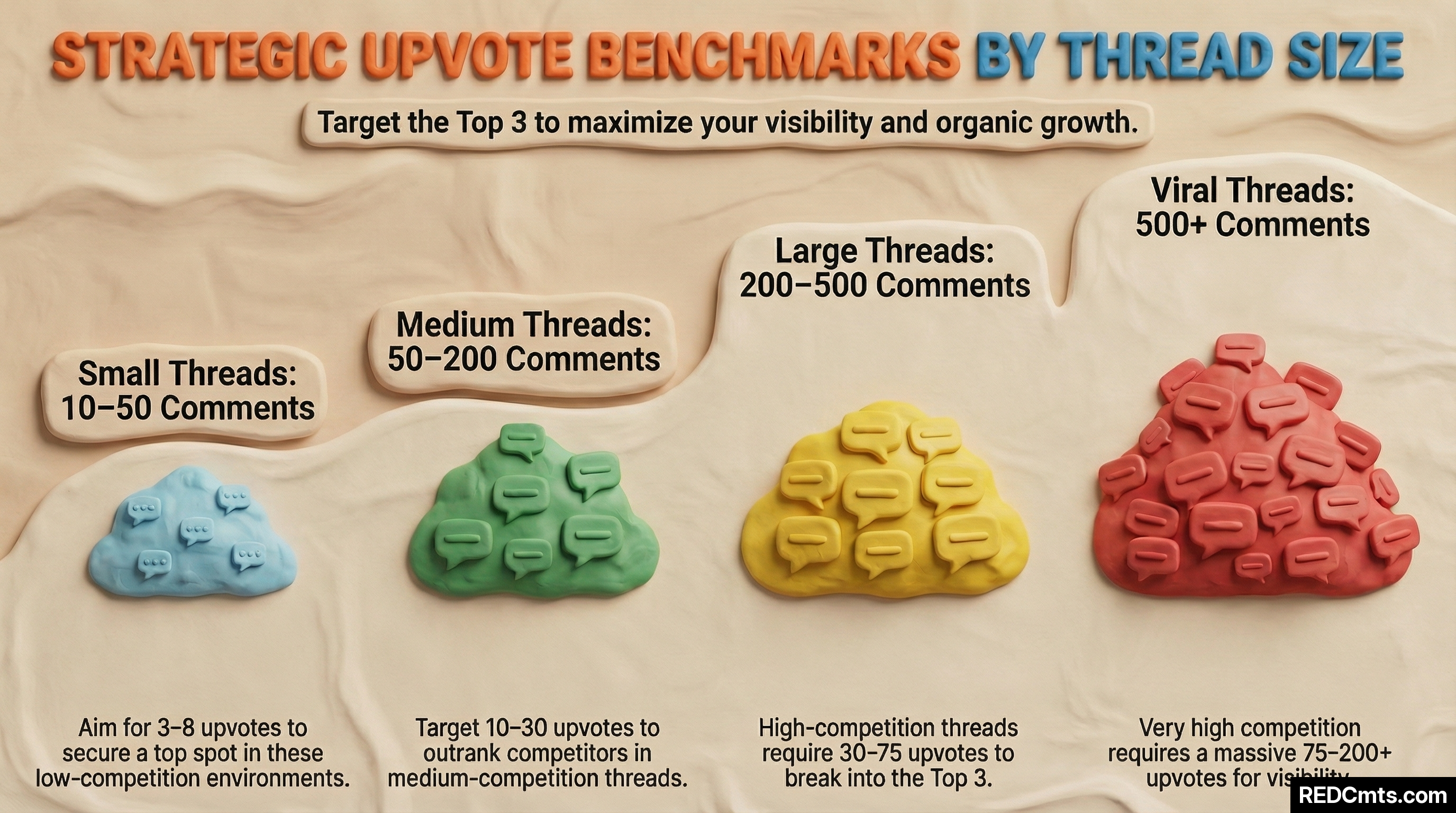 Infographic titled 'Strategic Upvote Benchmarks by Thread Size' showing four clay tiers — small threads (10-50 comments) need 3-8 upvotes, medium (50-200) need 10-30, large (200-500) need 30-75, viral (500+) need 75-200+ upvotes to reach top 3 position