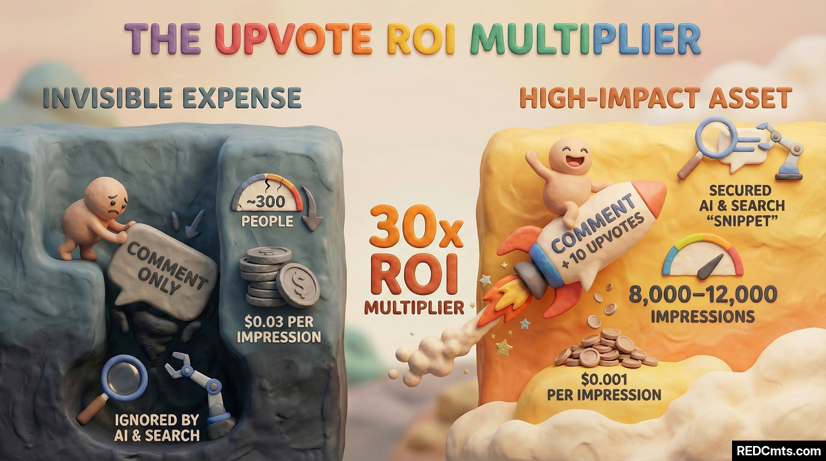 Infographic titled 'The Upvote ROI Multiplier' comparing comment alone (300 impressions, $0.03 per impression, ignored by AI) vs comment plus 10 upvotes (8,000-12,000 impressions, $0.001 per impression, secured AI and search snippets) — showing a 30x ROI multiplier