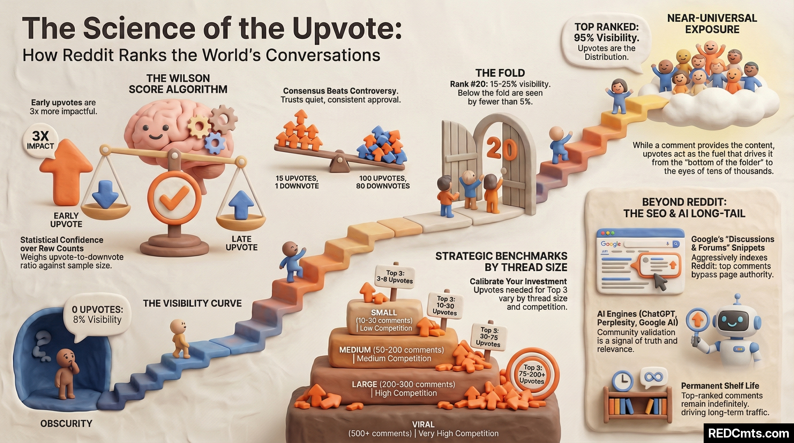 Infographic titled 'The Science of the Upvote' showing how Reddit's Wilson score algorithm ranks comments, the visibility curve from 8% at 0 upvotes to 95% at 500+ upvotes, strategic benchmarks by thread size, and how Google and AI engines cite top-ranked comments for long-tail SEO value