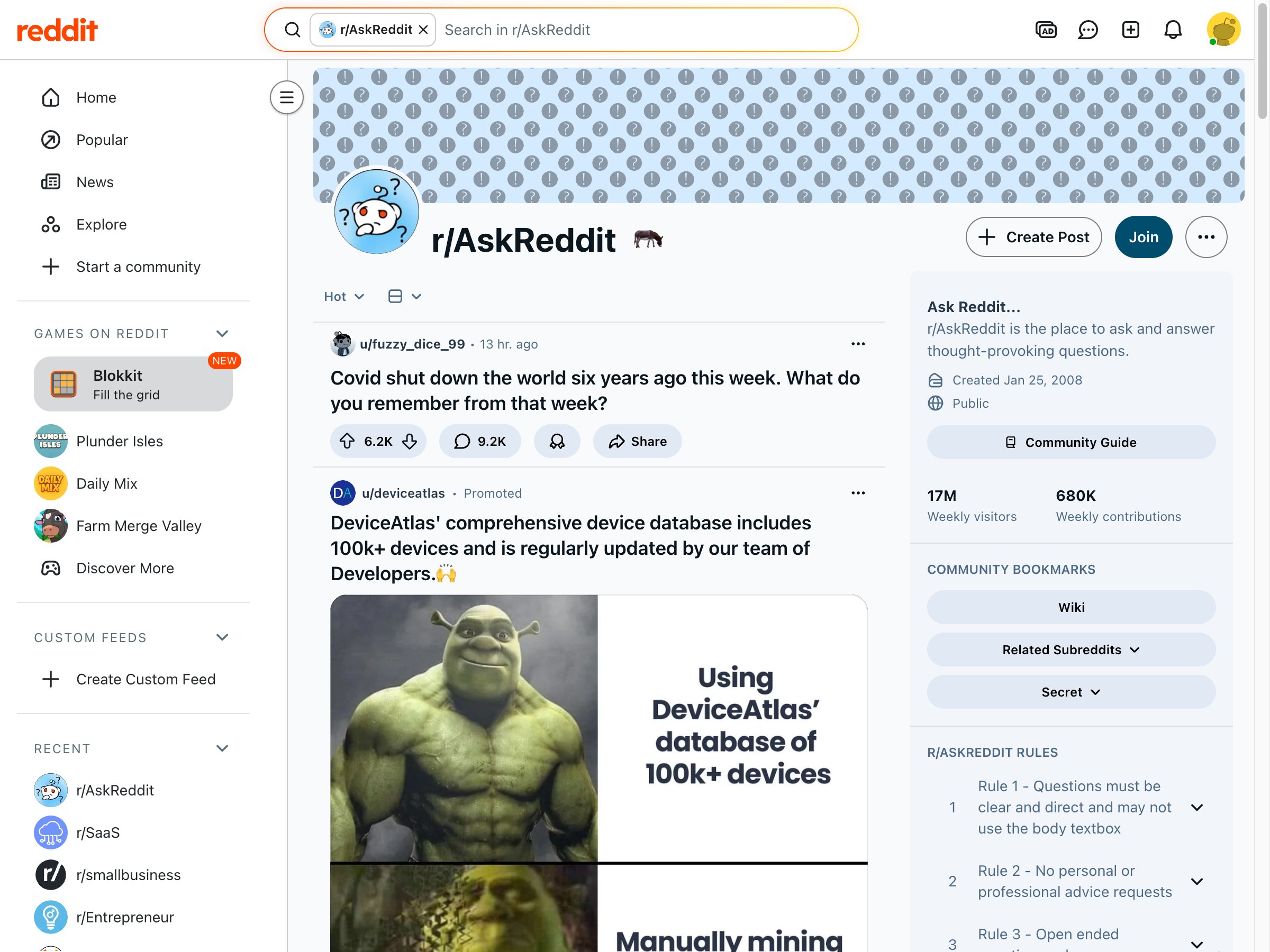 Reddit AskReddit subreddit sorted by Hot showing how the algorithm ranks posts by upvotes and recency