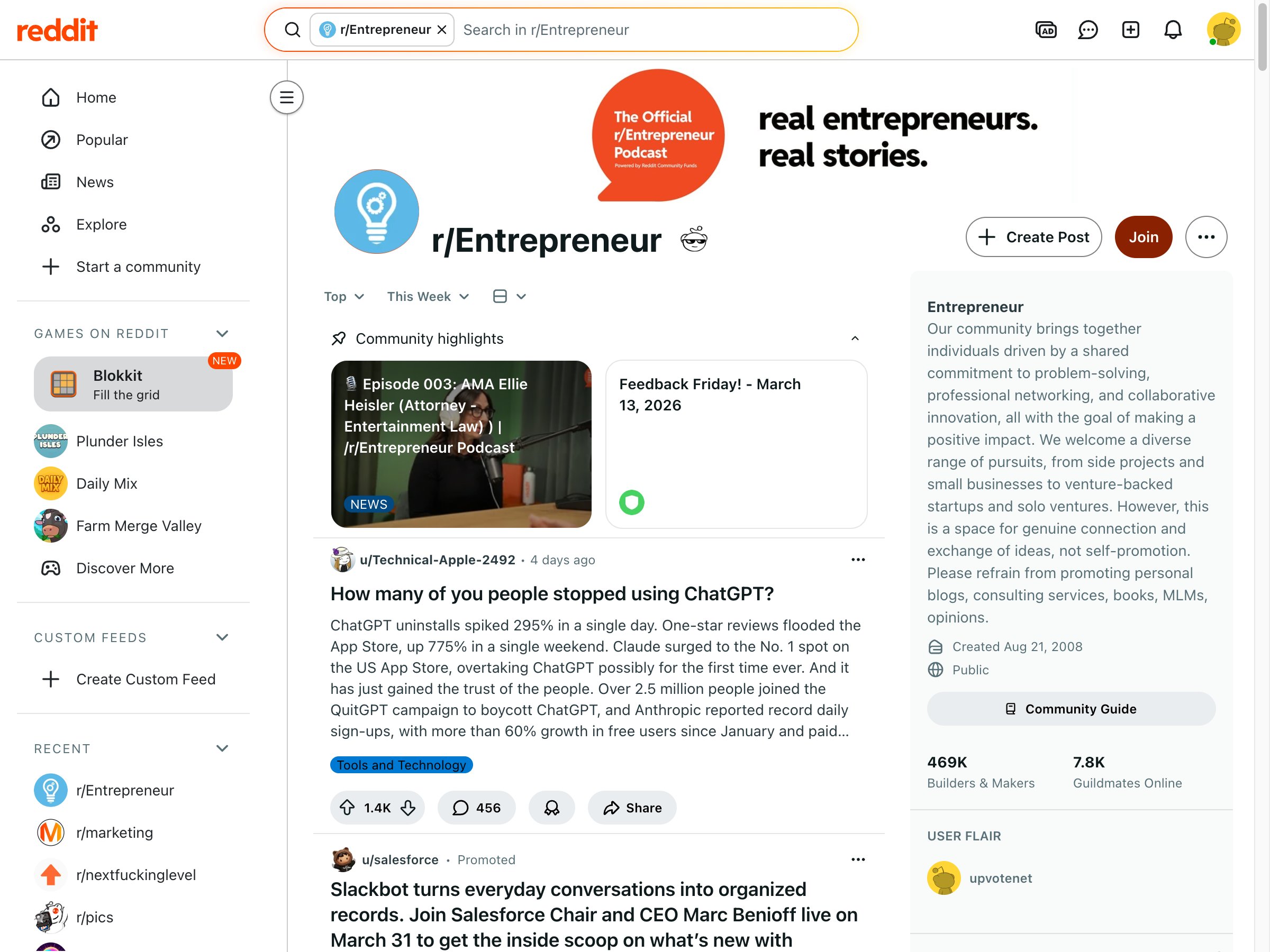 Reddit Entrepreneur subreddit showing high-engagement threads where comment ranking determines which business recommendations get seen