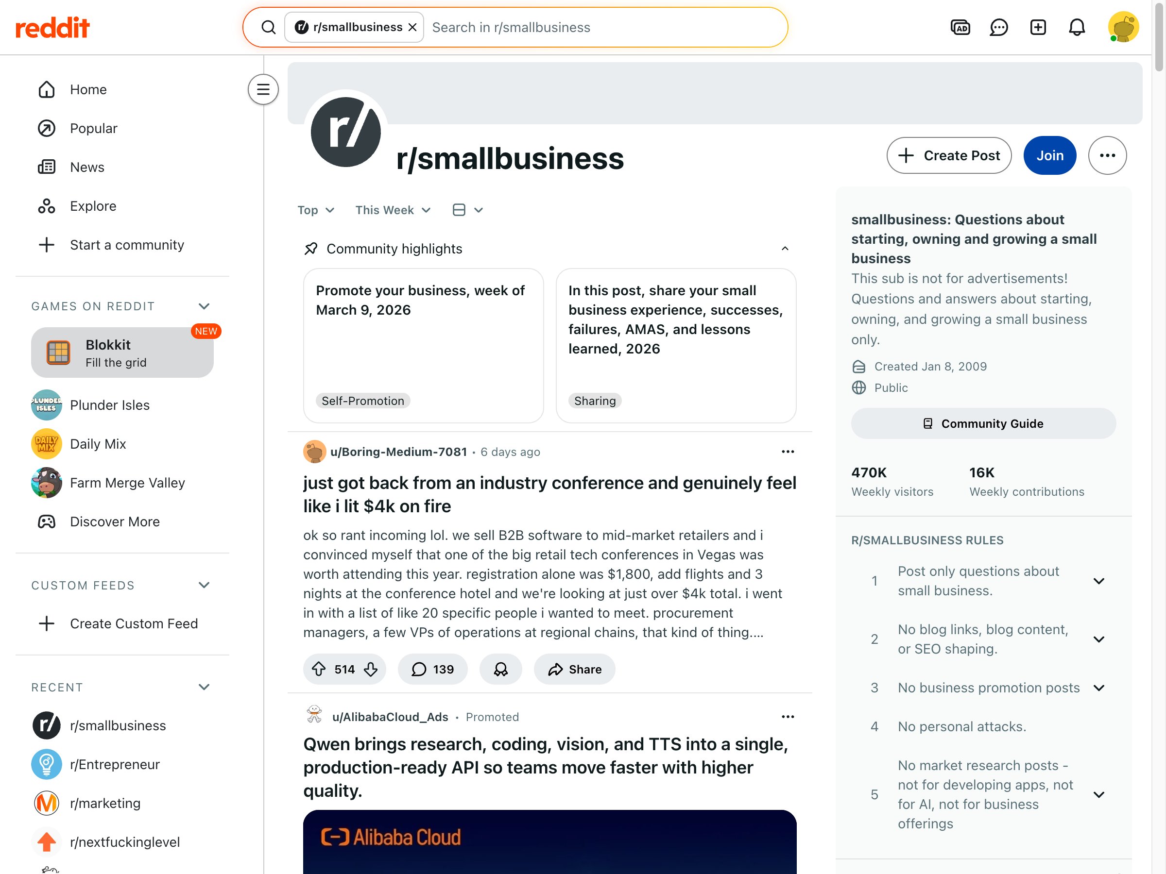 r/smallbusiness subreddit with visible rules banning business promotion posts and requiring questions only — showing why organic commenting is safer than posting for business marketing