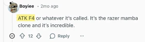 Reddit comment recommending the ATK F4 mouse as a Razer Mamba clone