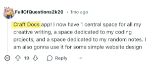 Reddit comment recommending Craft Docs for creative writing
