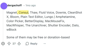 Reddit comment listing recommended Mac apps including multiple brand mentions