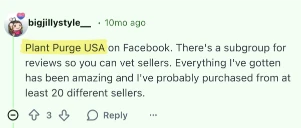 Reddit comment recommending Plant Purge USA for vet seller reviews