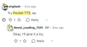 Reddit comment recommending Pocket TTS app to the original poster