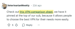 Reddit comment recommending pinned VPN comparison sheet for the subreddit